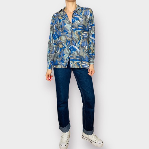 90s S.I.N.Y. Blue Aqua Gray Abstract Print Silk Shirt - Picture 4 of 9